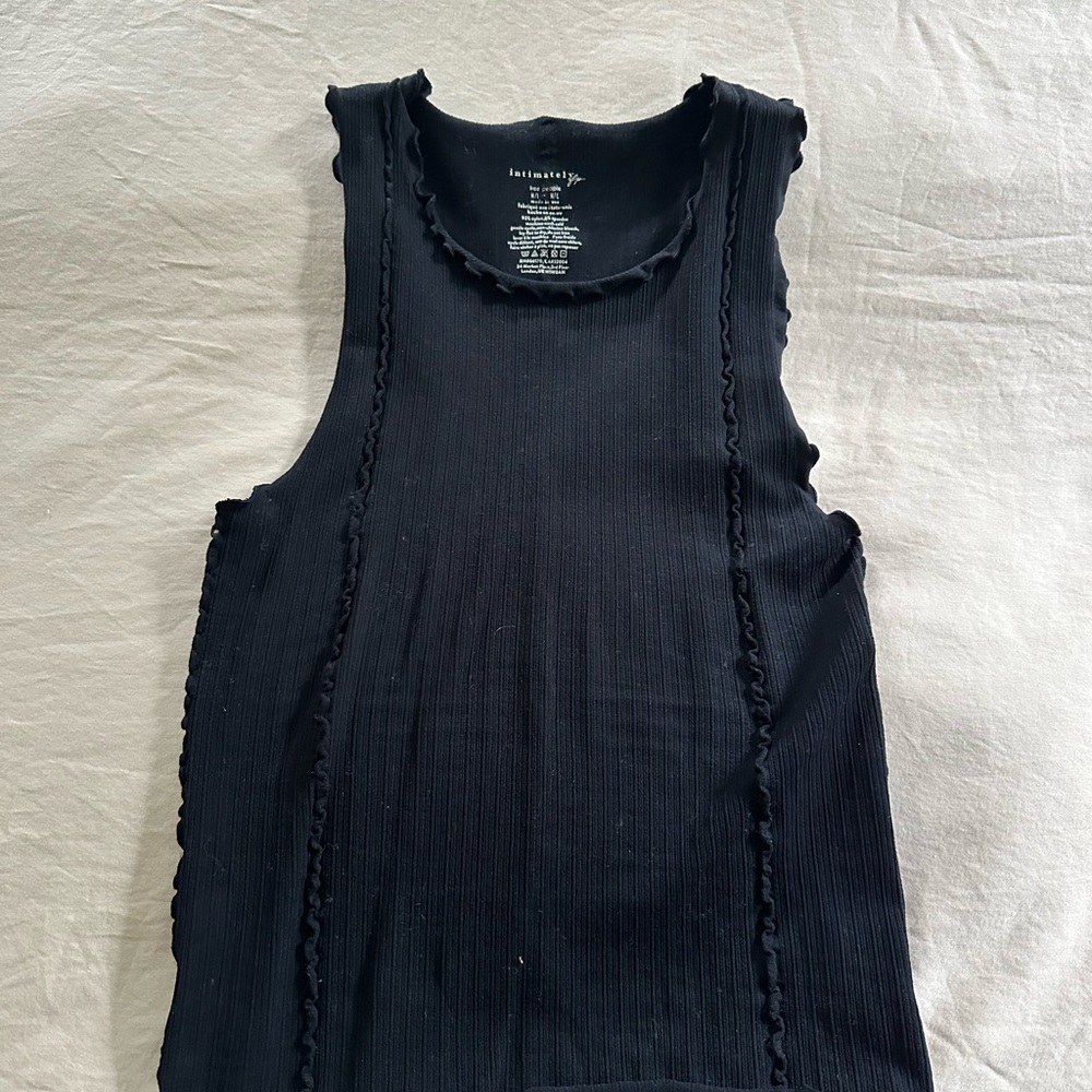 Free People Black Ribbed Ruffle-Trim Tank Top